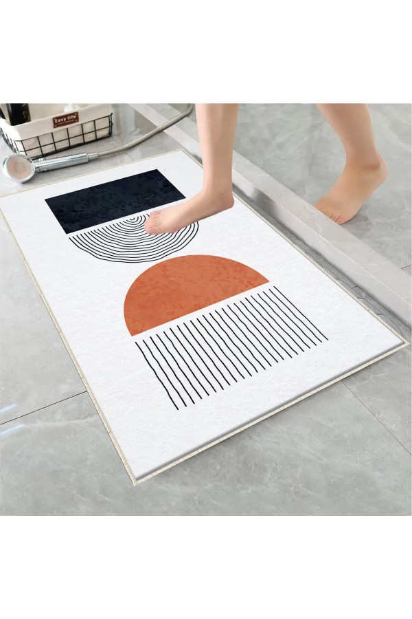 Turuncu Siyah Geometrik Desenli Tekli Banyo Paspas Halısı Kaymaz Yıkanabilir