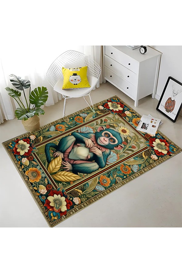 Sevimli Maymun Desenli Dokuma Şönil Kilim Halı Yıkanabilir Salon Oturma Odası Mutfak Halısı