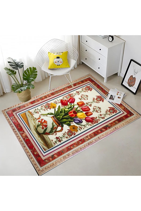 Renkli Laleler Desenli Dokuma Şönil Kilim Halı Yıkanabilir Salon Oturma Odası Mutfak Halısı