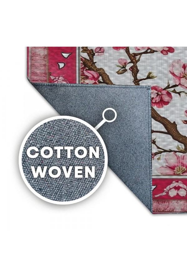 Pembe Sakura Ağaç Çiçek Desenli Dokuma Şönil Kilim Halı Yıkanabilir Salon Oturma Odası Mutfak Halısı