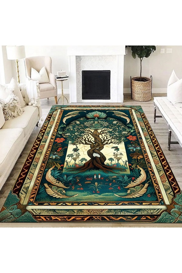 Yaşam Ağacı Desenli Dokuma Şönil Kilim Halı Yıkanabilir Salon Oturma Odası Mutfak Halısı