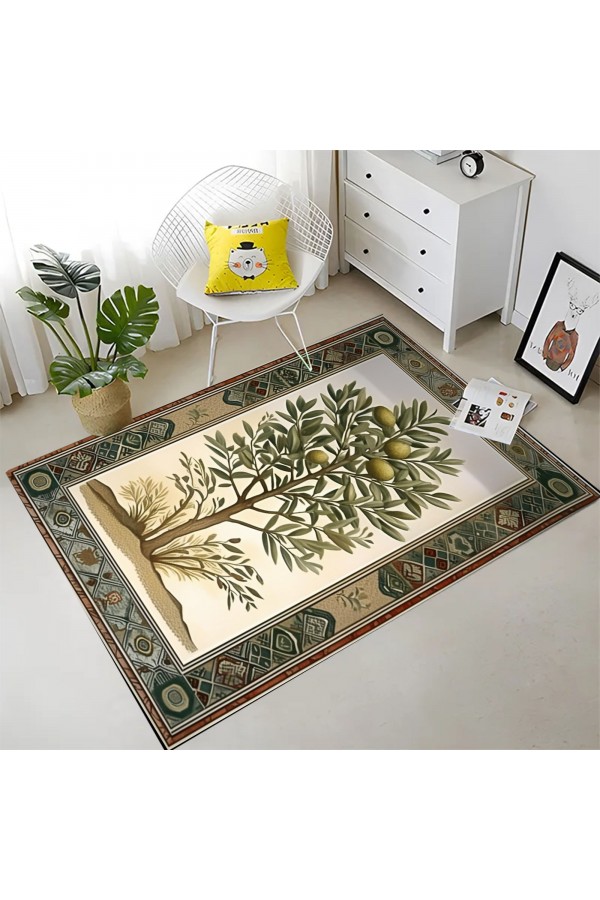 Zeytin Ağacı Desenli Dokuma Şönil Kilim Halı Yıkanabilir Salon Oturma Odası Mutfak Halısı