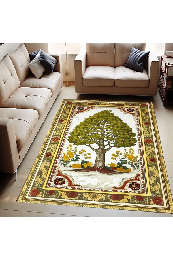 Ağaç Desenli Dokuma Şönil Kilim Halı Yıkanabilir Salon Oturma Odası Mutfak Halısı