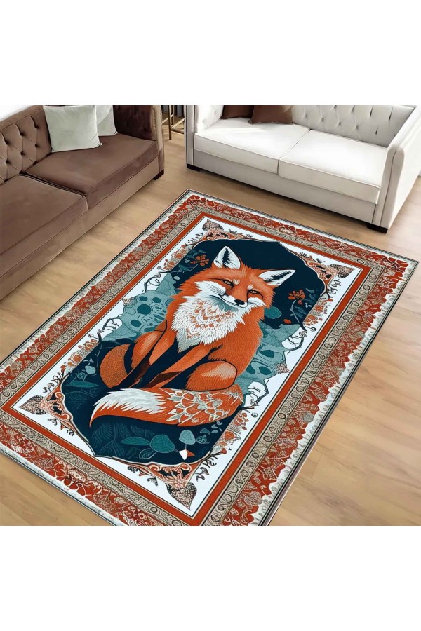 Turuncu Tilki Desenli Dokuma Şönil Kilim Halı Yıkanabilir Salon Oturma Odası Mutfak Halısı