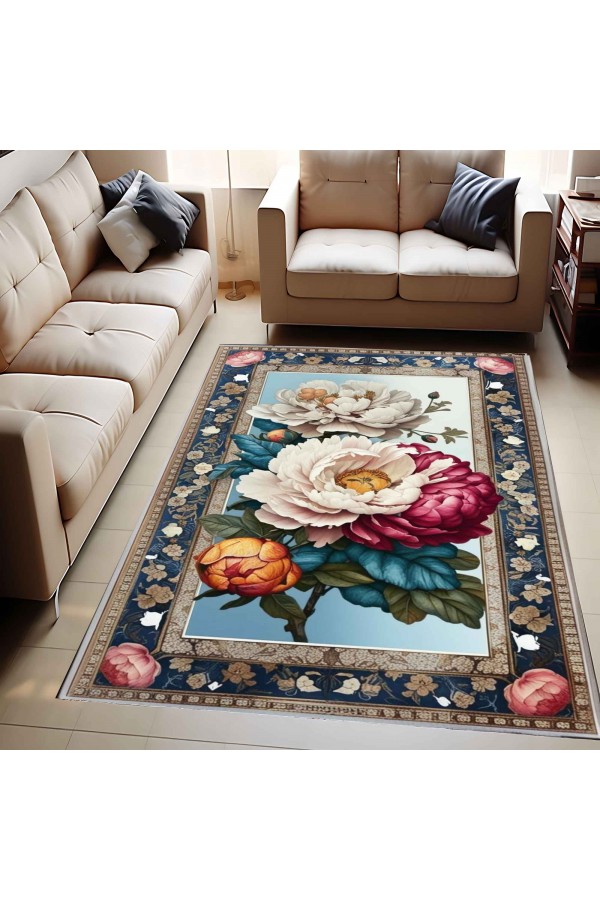 Renkli Çiçekler Güllü Desenli Dokuma Şönil Kilim Halı Yıkanabilir Salon Oturma Odası Mutfak Halısı