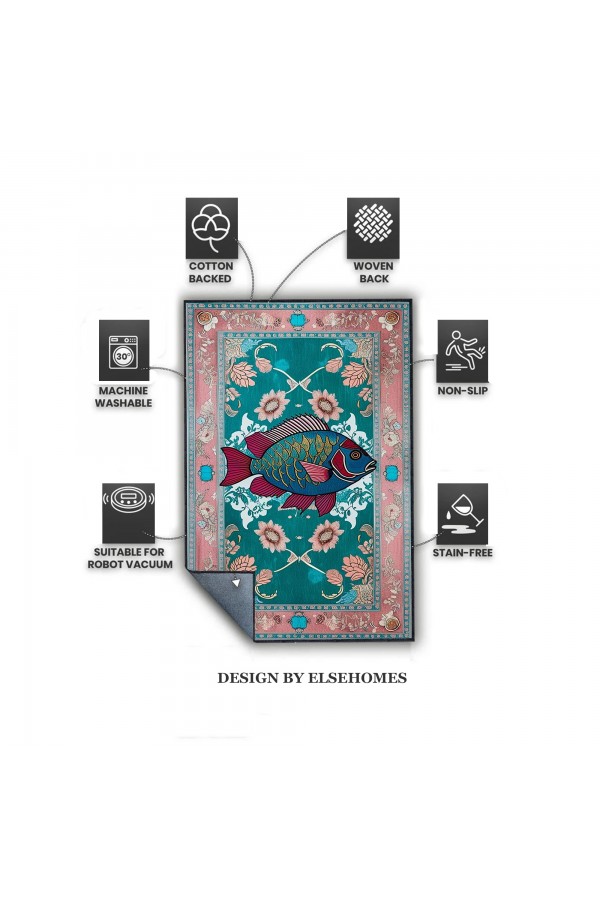 Retro Balık Desenli Dokuma Şönil Kilim Halı Yıkanabilir Salon Oturma Odası Mutfak Halısı