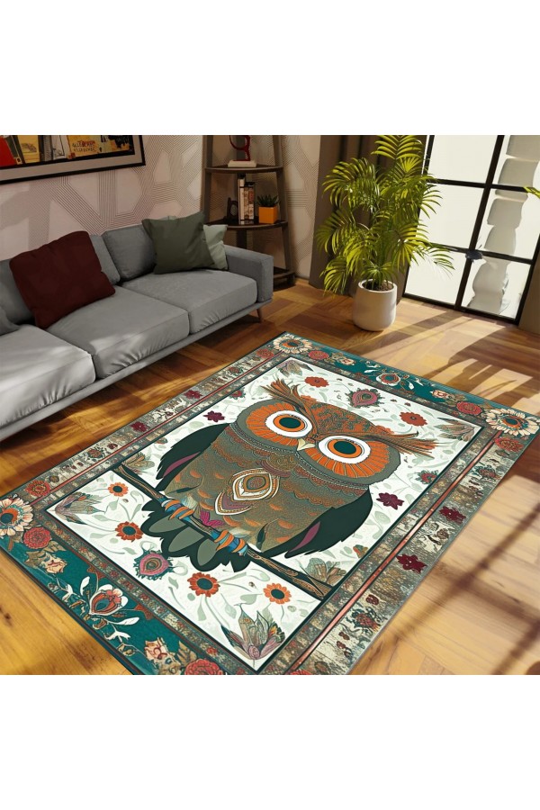Baykuş Desenli Dokuma Şönil Kilim Halı Yıkanabilir Salon Oturma Odası Mutfak Halısı