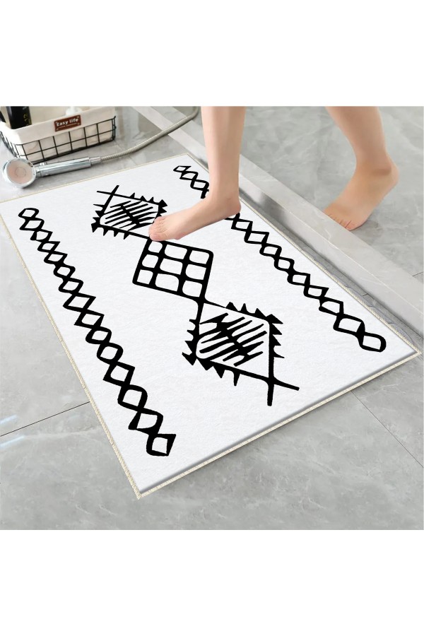 Turuncu Siyah Geometrik Desenli Tekli Banyo Paspas Halısı Kaymaz Yıkanabilir
