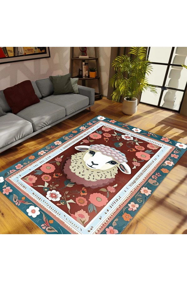 Sevimli Kuzu Desenli Dokuma Şönil Kilim Halı Yıkanabilir Salon Oturma Odası Mutfak Çocuk Halısı