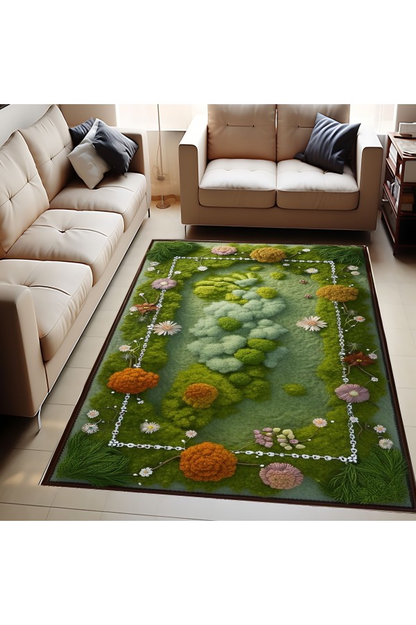 Moss Çimen Desenli Dokuma Şönil Kilim Halı Yıkanabilir Salon Oturma Odası Mutfak Halısı