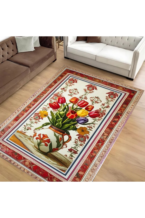 Renkli Laleler Desenli Dokuma Şönil Kilim Halı Yıkanabilir Salon Oturma Odası Mutfak Halısı