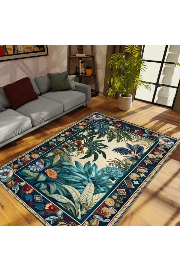 Tropik Orman Desenli Dokuma Şönil Kilim Halı Yıkanabilir Salon Oturma Odası Mutfak Halısı