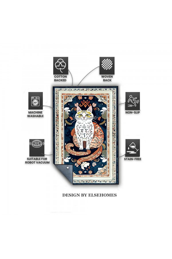Mistik Kedi Desenli Dokuma Şönil Kilim Halı Yıkanabilir Salon Oturma Odası Mutfak Halısı
