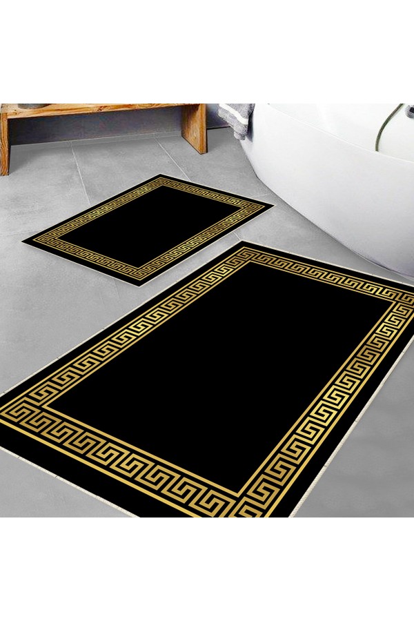 Siyah Sarı Altın Kilit Desenli 2 li Klozet Takımı Banyo Paspas Halısı Kaymaz Yıkanabilir Siyah Sarı Altın Kilit Desenli 2 li Klozet Takımı Banyo Paspas Halısı Kaymaz Yıkanabilir