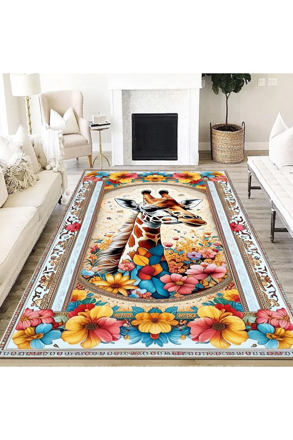 Zürafa Çiçek Desenli Dokuma Şönil Kilim Halı Yıkanabilir Salon Oturma Odası Mutfak Halısı