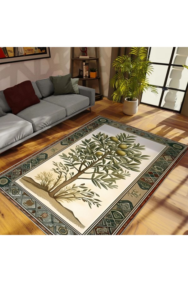 Zeytin Ağacı Desenli Dokuma Şönil Kilim Halı Yıkanabilir Salon Oturma Odası Mutfak Halısı