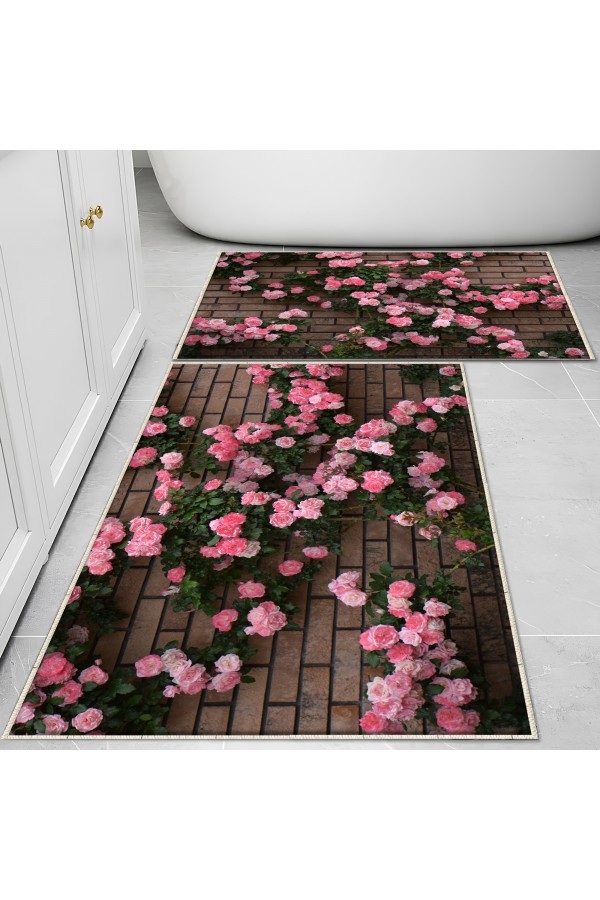 Pembe Sarmaşık Güller Desenli 2 li Klozet Takımı Banyo Paspas Halısı Kaymaz Yıkanabilir Pembe Sarmaşık Güller Desenli 2 li Klozet Takımı Banyo Paspas Halısı Kaymaz Yıkanabilir