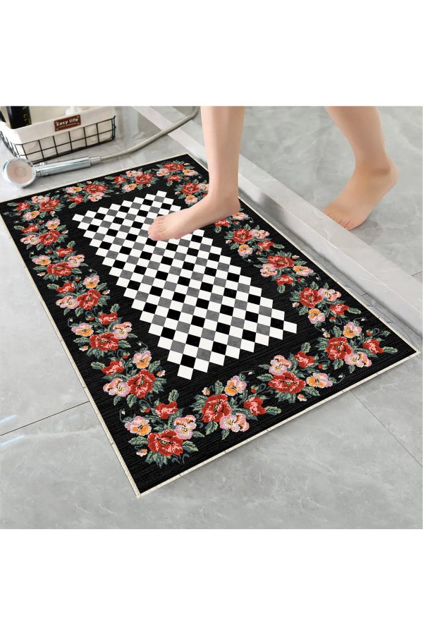 Retro Çiçekler Desenli Tekli Banyo Paspas Halısı Kaymaz Yıkanabilir