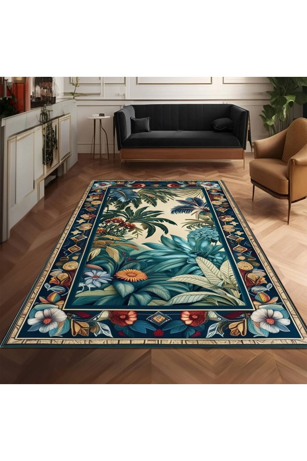 Tropik Orman Desenli Dokuma Şönil Kilim Halı Yıkanabilir Salon Oturma Odası Mutfak Halısı