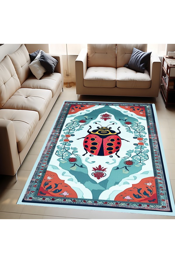 Uğur Böceği Desenli Dokuma Şönil Kilim Halı Yıkanabilir Salon Oturma Odası Mutfak Halısı