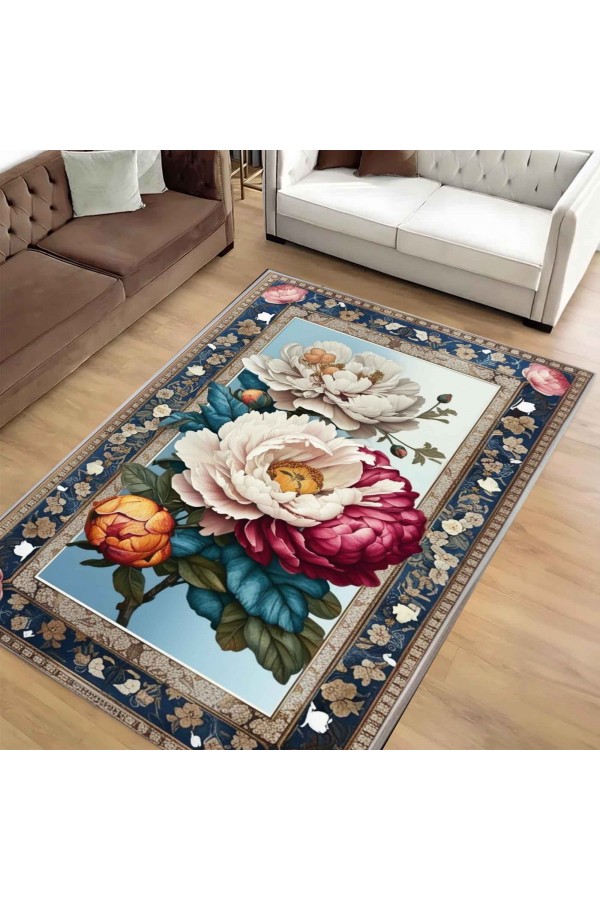 Renkli Çiçekler Güllü Desenli Dokuma Şönil Kilim Halı Yıkanabilir Salon Oturma Odası Mutfak Halısı