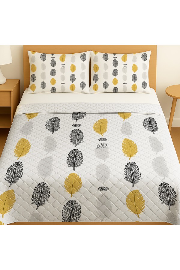 Sarı Gri Etnik Tüyler Desenli Çift Kişilik Pike Takımı Yatak Örtüsü Sarı Gri Etnik Tüyler Desenli Çift Kişilik Pike Takımı Yatak Örtüsü