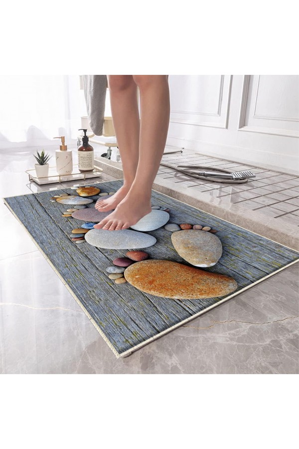 Gri Ayak Taşlı Desenli Tekli Banyo Paspas Halısı Kaymaz Yıkanabilir