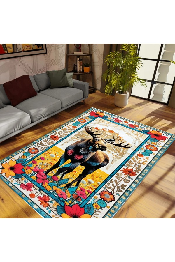 Retro Geyik Desenli Dokuma Şönil Kilim Halı Yıkanabilir Salon Oturma Odası Mutfak Halısı