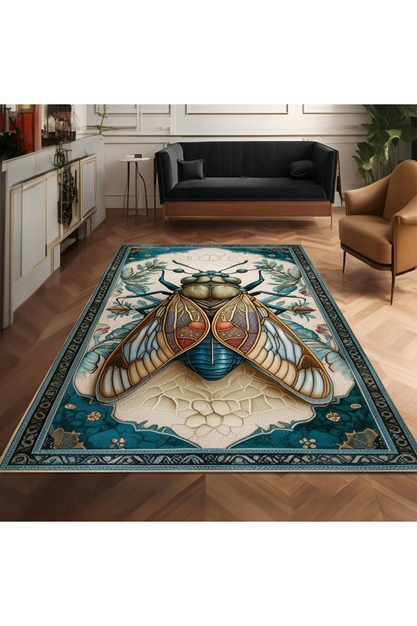 Ağustos Böceği Desenli Dokuma Şönil Kilim Halı Yıkanabilir Salon Oturma Odası Mutfak Halısı
