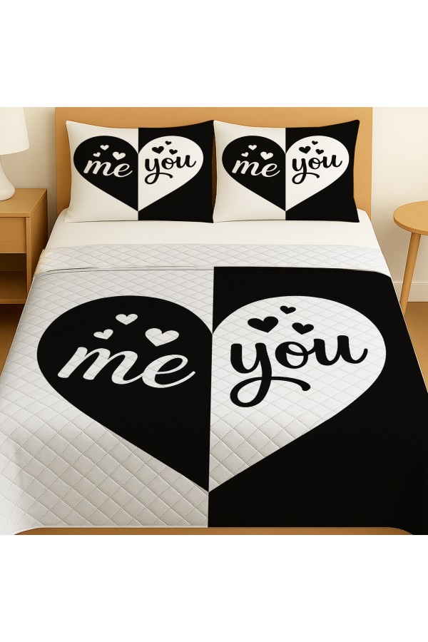 Siyah Beyaz Kalpli Desenli Çift Kişilik Pike Takımı Yatak Örtüsü Siyah Beyaz Kalpli Desenli Çift Kişilik Pike Takımı Yatak Örtüsü