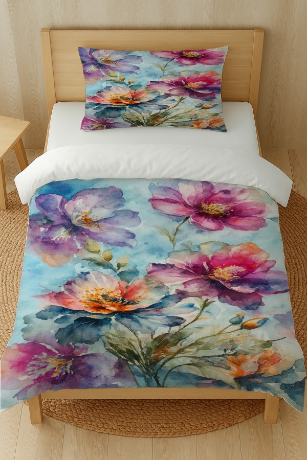 Suluboya Çiçek Desenli Pamuk Saten Tek Kişilik Nevresim Takımı 160x220cm Suluboya Çiçek Desenli Pamuk Saten Tek Kişilik Nevresim Takımı 160x220cm