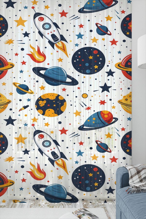 Galaksi Yıldızlar Uzay Desenli Erkek Çocuk Odası Tül Perde 140x260cm Galaksi Yıldızlar Uzay Desenli Erkek Çocuk Odası Tül Perde 140x260cm