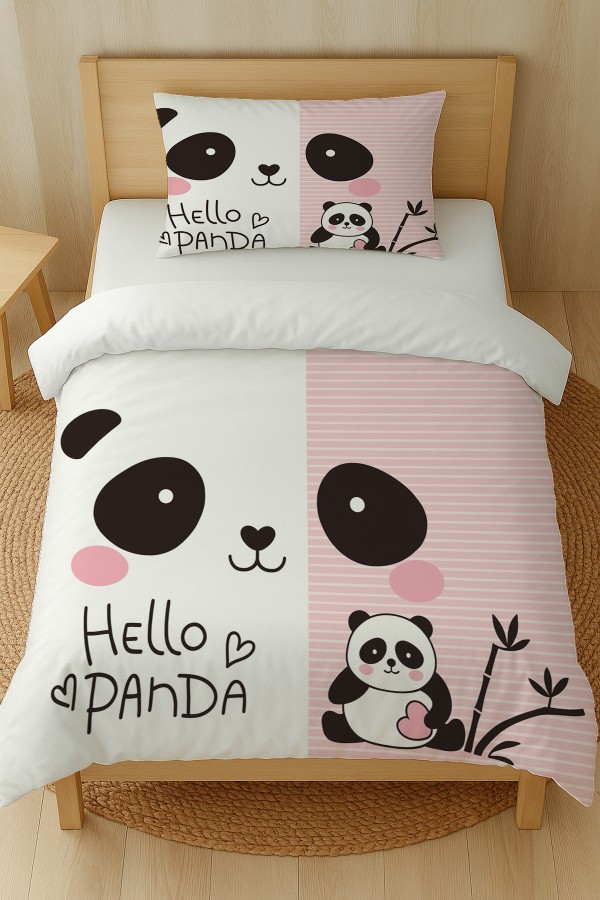 Sevimli Panda Desenli Pamuk Saten Tek Kişilik Nevresim Takımı 160x220cm Sevimli Panda Desenli Pamuk Saten Tek Kişilik Nevresim Takımı 160x220cm