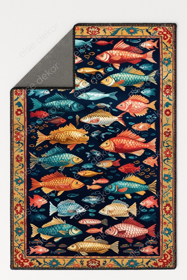 Renkli Balıklar Desenli Makinede Yıkanabilir Dokuma Şönil Halı Bohem Eskitme Vintage Mutfak Halısı Renkli Balıklar Desenli Makinede Yıkanabilir Dokuma Şönil Halı Bohem Eskitme Vintage Mutfak Halısı