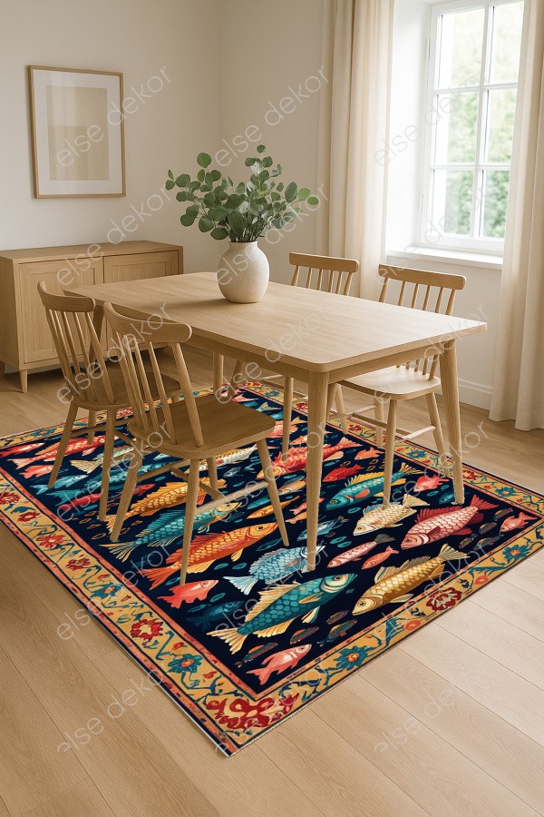 Renkli Balıklar Desenli Makinede Yıkanabilir Dokuma Şönil Halı Bohem Eskitme Vintage Mutfak Halısı Renkli Balıklar Desenli Makinede Yıkanabilir Dokuma Şönil Halı Bohem Eskitme Vintage Mutfak Halısı