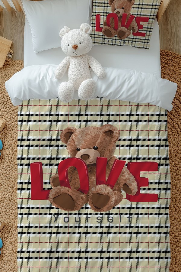 Love Ayı Teddy Desenli Kız Çocuk Tek Kişilik Nevresim Takımı Yastık Kılıflı