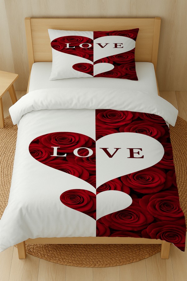 Kırmızı Beyaz Kalp Aşk Çiçekli Desenli Pamuk Saten Tek Kişilik Nevresim Takımı 160x220cm Kırmızı Beyaz Kalp Aşk Çiçekli Desenli Pamuk Saten Tek Kişilik Nevresim Takımı 160x220cm