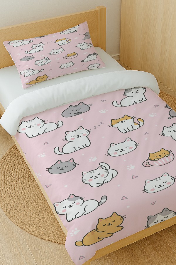 Pembe Sevimli Kediler Desenli Pamuk Saten Tek Kişilik Nevresim Takımı 160x220cm Pembe Sevimli Kediler Desenli Pamuk Saten Tek Kişilik Nevresim Takımı 160x220cm