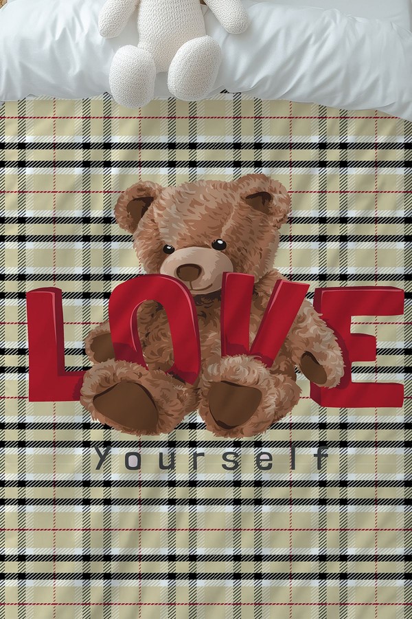 Love Ayı Teddy Desenli Kız Çocuk Tek Kişilik Nevresim Takımı Yastık Kılıflı