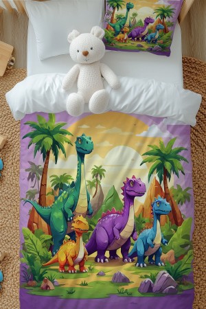 Renkli Dinazor Hayvanlar Desenli Çocuk Tek Kişilik Nevresim Takımı Yastık Kılıflı