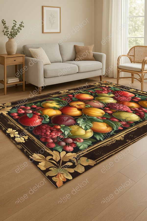 Tropik Meyveler Desenli Makinede Yıkanabilir Dokuma Şönil Halı Bohem Eskitme Vintage Mutfak Halısı Tropik Meyveler Desenli Makinede Yıkanabilir Dokuma Şönil Halı Bohem Eskitme Vintage Mutfak Halısı