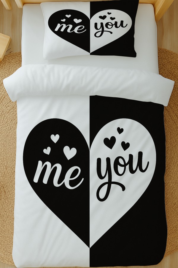 Siyah Beyaz Kalpli Desenli Pamuk Saten Tek Kişilik Nevresim Takımı 160x220cm Siyah Beyaz Kalpli Desenli Pamuk Saten Tek Kişilik Nevresim Takımı 160x220cm