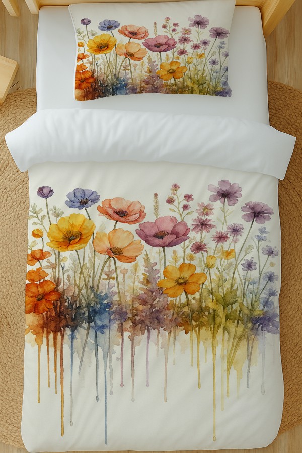 Suluboya Çiçekler Desenli Pamuk Saten Tek Kişilik Nevresim Takımı 160x220cm Suluboya Çiçekler Desenli Pamuk Saten Tek Kişilik Nevresim Takımı 160x220cm