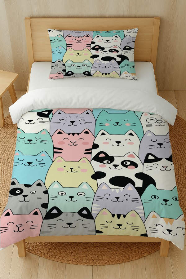 Renkli Kediler Desenli Pamuk Saten Tek Kişilik Nevresim Takımı 160x220cm Renkli Kediler Desenli Pamuk Saten Tek Kişilik Nevresim Takımı 160x220cm