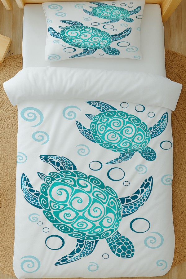 Turkuaz Caretta Kaplumbağa Desenli Pamuk Saten Tek Kişilik Nevresim Takımı 160x220cm Turkuaz Caretta Kaplumbağa Desenli Pamuk Saten Tek Kişilik Nevresim Takımı 160x220cm