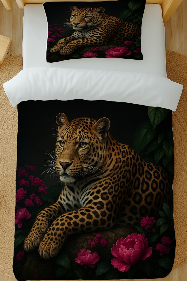 Leopar Gül Desenli Pamuk Saten Tek Kişilik Nevresim Takımı 160x220cm Leopar Gül Desenli Pamuk Saten Tek Kişilik Nevresim Takımı 160x220cm