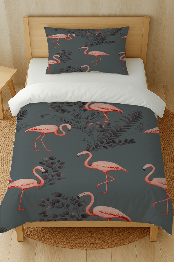 Pembe Flamingo Gri Desenli Pamuk Saten Tek Kişilik Nevresim Takımı 160x220cm Pembe Flamingo Gri Desenli Pamuk Saten Tek Kişilik Nevresim Takımı 160x220cm