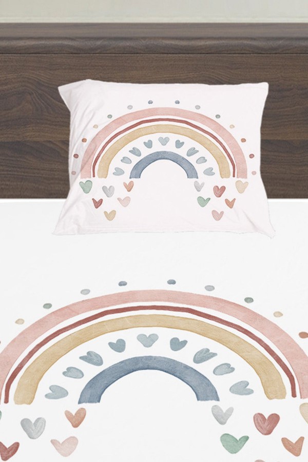 Gökkuşağı Boho Desenli Kız Çocuk Tek Kişilik Yastıklı Çarşaf Takımı 100x200 cm