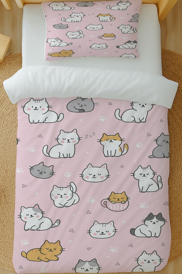 Pembe Sevimli Kediler Desenli Pamuk Saten Tek Kişilik Nevresim Takımı 160x220cm Pembe Sevimli Kediler Desenli Pamuk Saten Tek Kişilik Nevresim Takımı 160x220cm