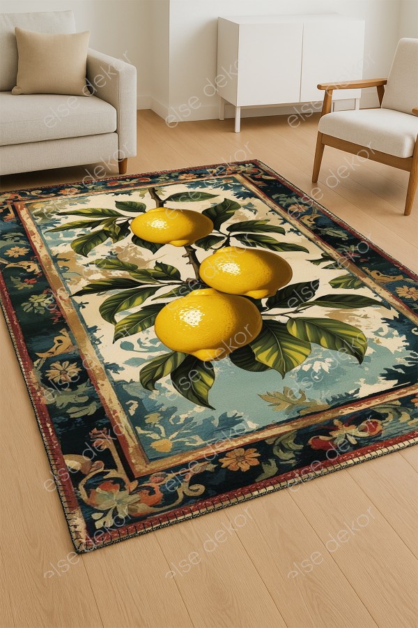 Limon Desenli Makinede Yıkanabilir Dokuma Şönil Halı Bohem Eskitme Vintage Oda Mutfak Halısı Limon Desenli Makinede Yıkanabilir Dokuma Şönil Halı Bohem Eskitme Vintage Oda Mutfak Halısı